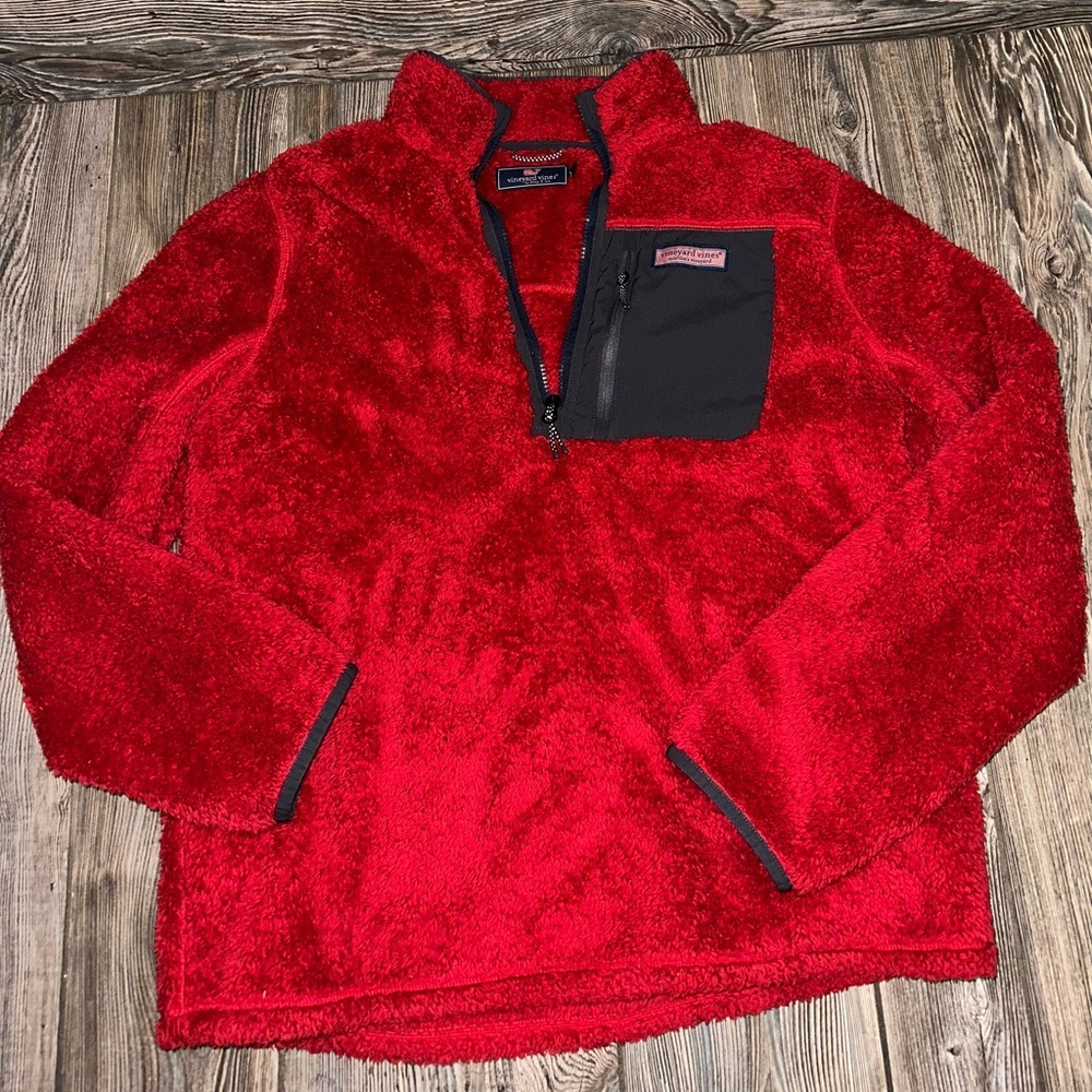 Vineyard Vines Stillwater Sherpa Quarter Zip Red Velvet Fleece Gray Pocket Large